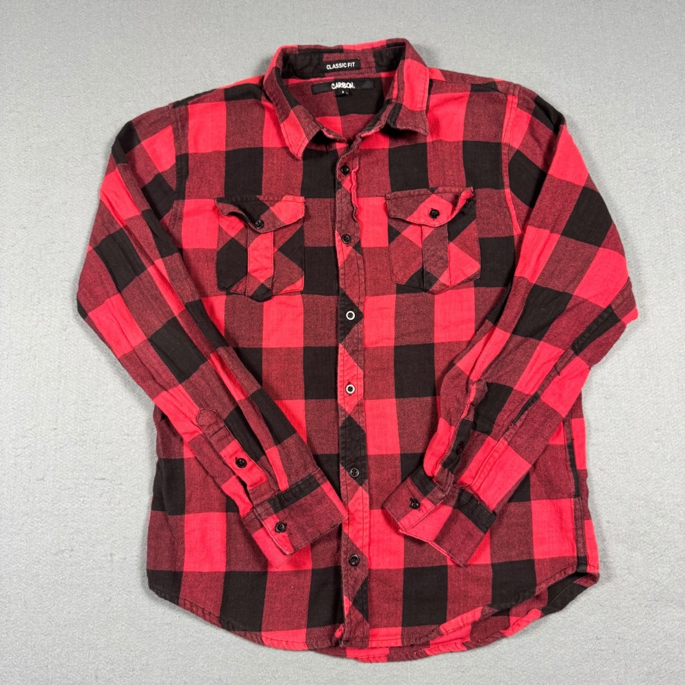 Carbon Mens Flannel Shirt Large Red Black Buffalo Plaid Long Sleeve Classic Fit